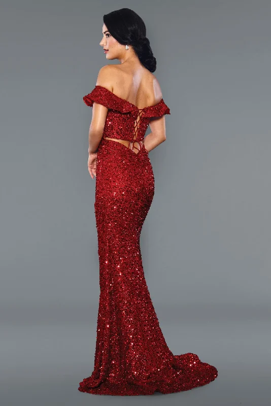 Imeless Style Stella Couture 22032 Size 12 Red Long Fitted off the shoulder formal dress sequin slit Prom Gown