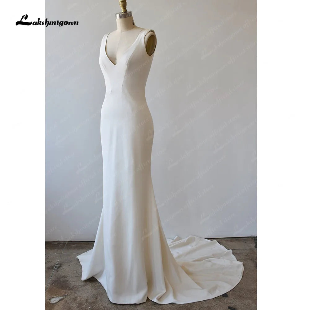 Luxury Women’s Fashion Roycebridal Sheath Crepe Wedding Dress Simple Custom Made Sleeveless Plunging V Neck Figure Hugging Buttons Backless Bridal Gown