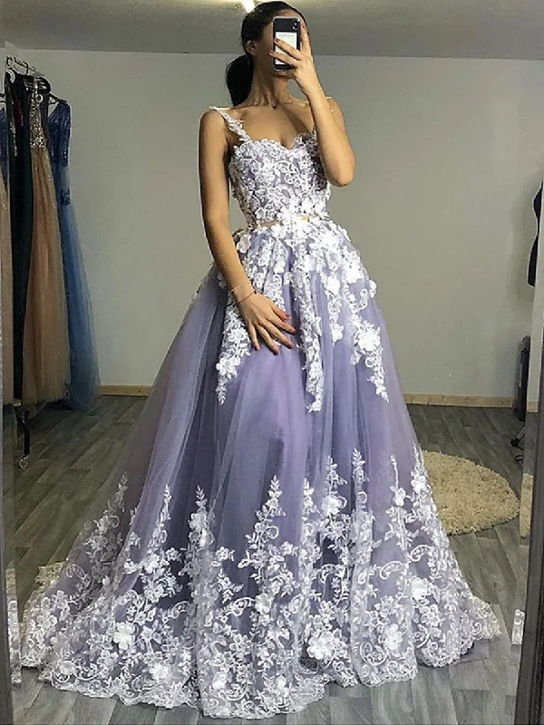 Women’s Fashion Essentials Fluffy White Floral Lace Top Gray Long Prom Dresses, Floral Lace Gray Formal Evening Dresses, Gray Ball Gown