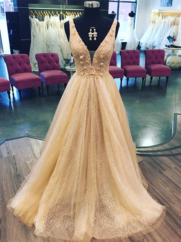 Luxury Women’s Clothing Shiny V Neck Champagne Floral Long Prom Dresses, Champagne 3D Flowers Formal Evening Dresses