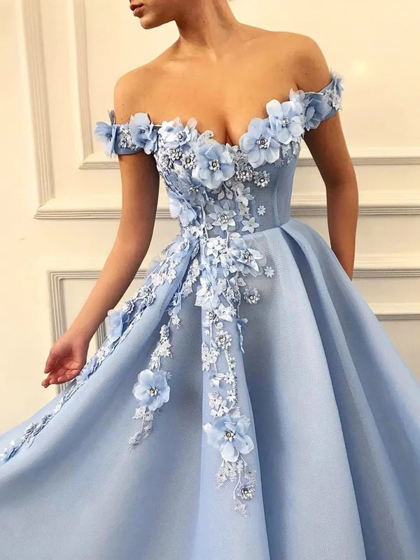 Chic Women’s Outfit Ideas Off the Shoulder Blue Lace Floral Prom Dresses Long, Off Shoulder Blue 3D Flowers Long Formal Evening Dresses