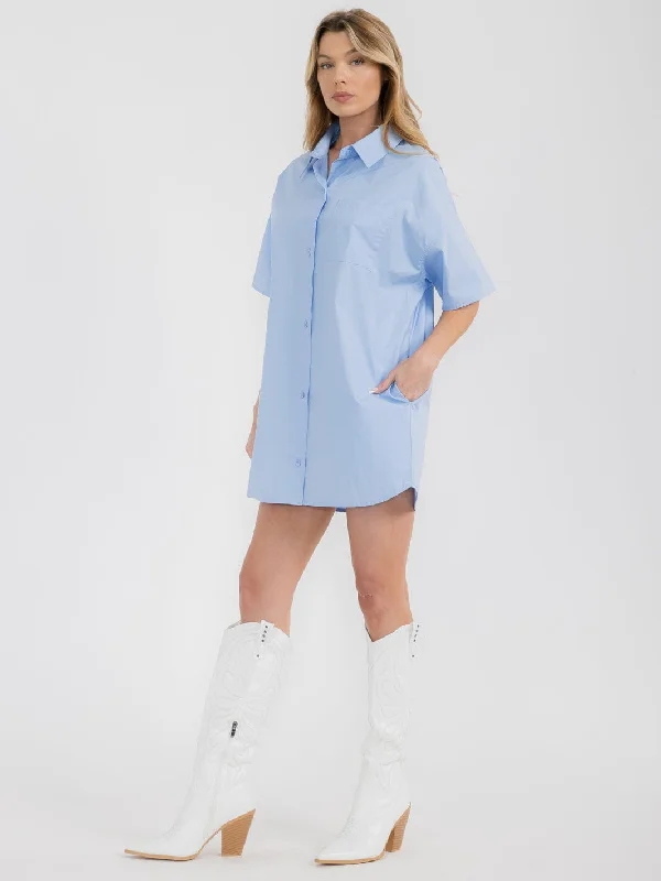 Style Revolution WOMEN'S SHORT SLEEVE BUTTON UP FRONT POCKETS TUNIC MINI DRESS