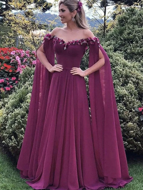 Fashion Sale Elegant Floral Purple Chiffon Long Prom Dresses, Purple Formal Graduation Evening Dresses