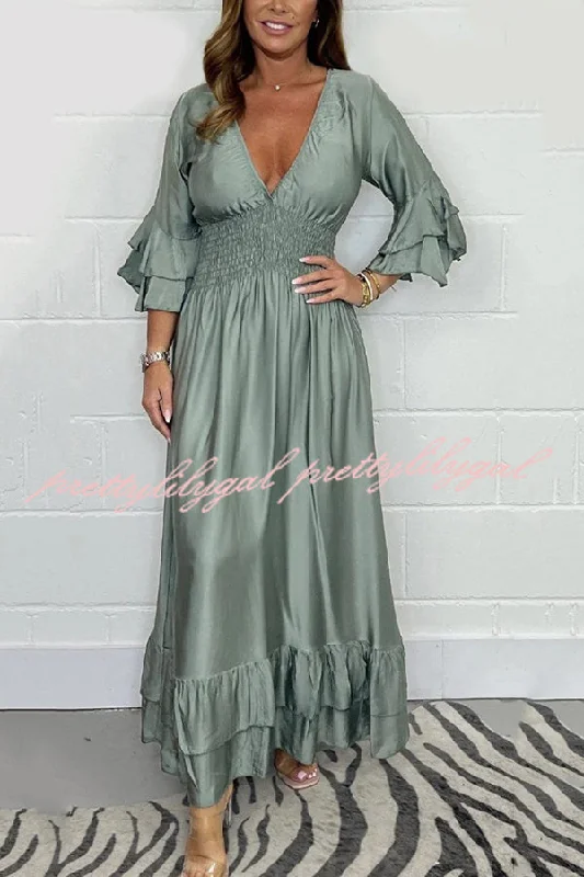 Discount Store Solid Satin V-Neck Ruffle Sleeve Pleated Waist Maxi Dress