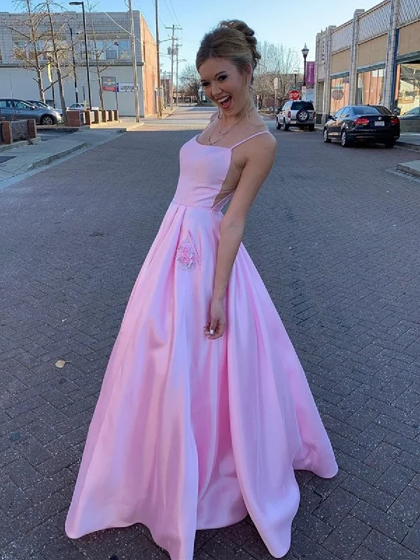 Affordable Fashion for Women Pink A Line Satin Floral Long Prom Dresses with Pockets, Floral Pink Formal Graduation Evening Dresses