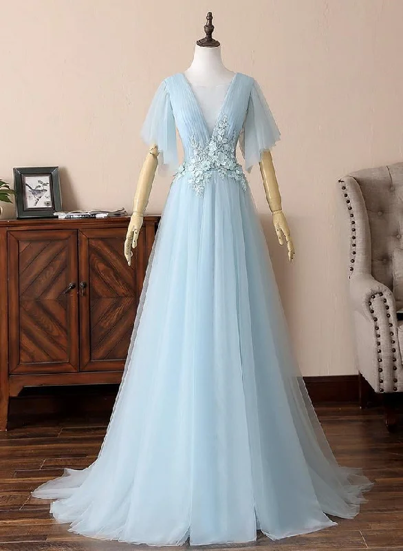 Stylish Dresses for Women Deep V Neck Open Back Short Sleeves Floral Lace Light Blue Long Prom Dresses, Short Sleeves Light Blue Formal Evening Dresses