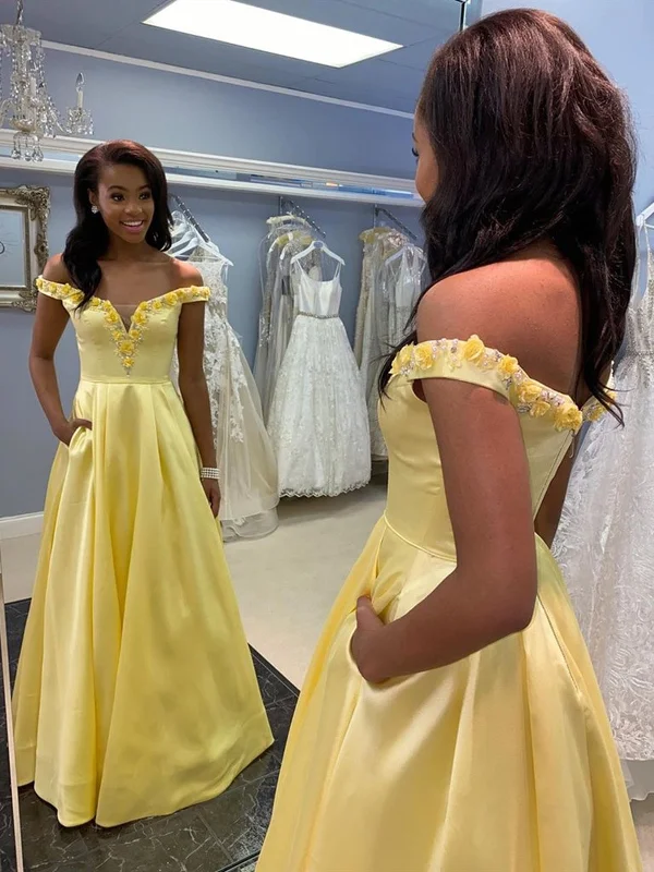 Vintage Women’s Fashion Off Shoulder 3D Flowers Yellow Satin Long Prom Dresses, Yellow Floral Formal Dresses, Yellow Evening Dresses