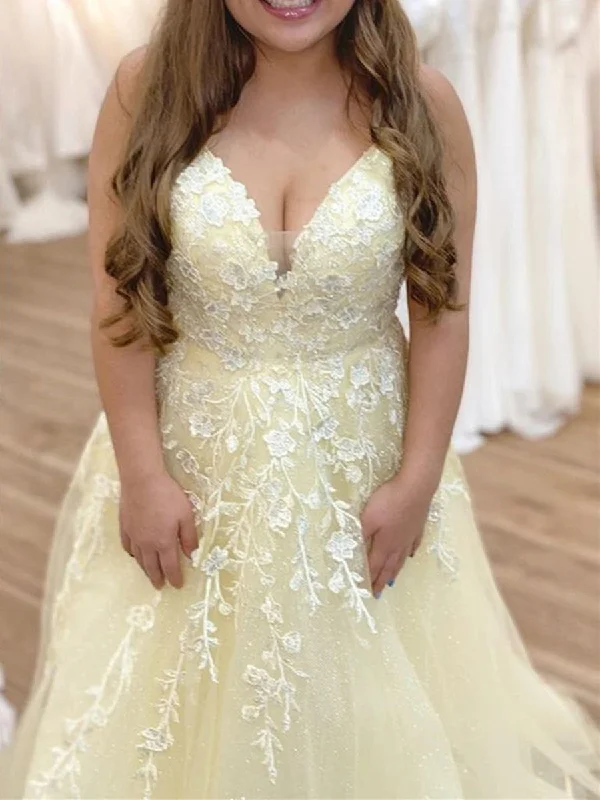 Affordable Women’s Fashion V Neck Open Back Yellow Lace Floral Long Prom Dresses, Yellow Lace Formal Dresses, Yellow Evening Dresses