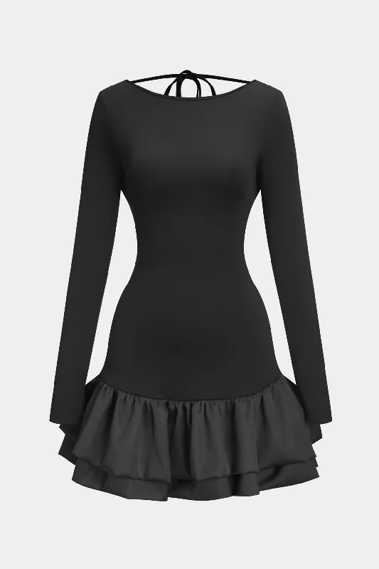 Clothes Sales Tie Backless Long Sleeve Mini Dress