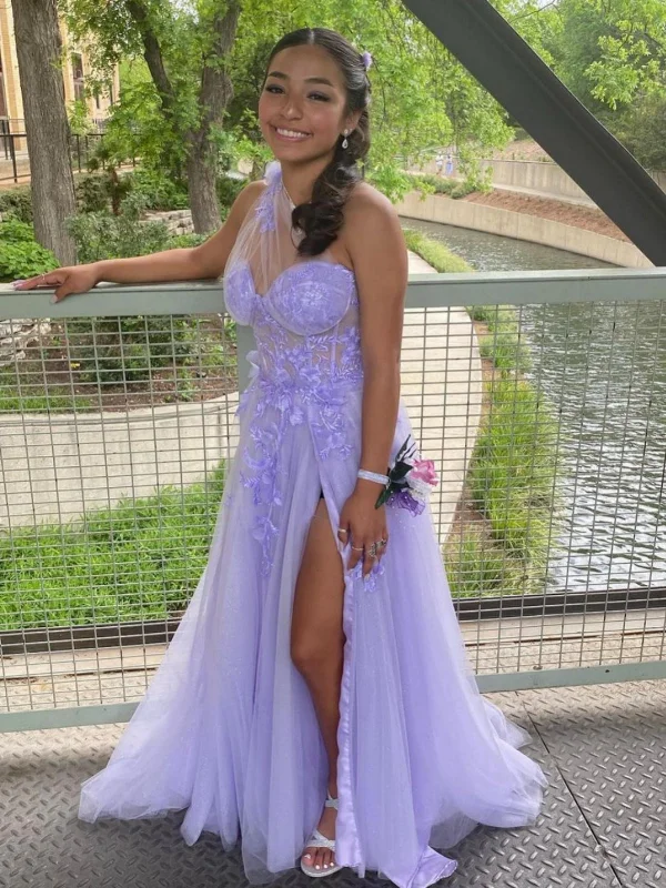 Women’s Clothing for All Occasions One Shoulder Purple Lace Floral Long Prom Dresses with High Slit, One Shoulder Lilac Formal Dresses with 3D Flowers, Purple Evening Dresses SP2582