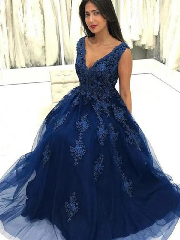 Casual Chic for Women V Neck Navy Blue Lace Long Prom Dresses, Navy Blue Lace Formal Dresses, Lace Floral Evening Dresses SP271