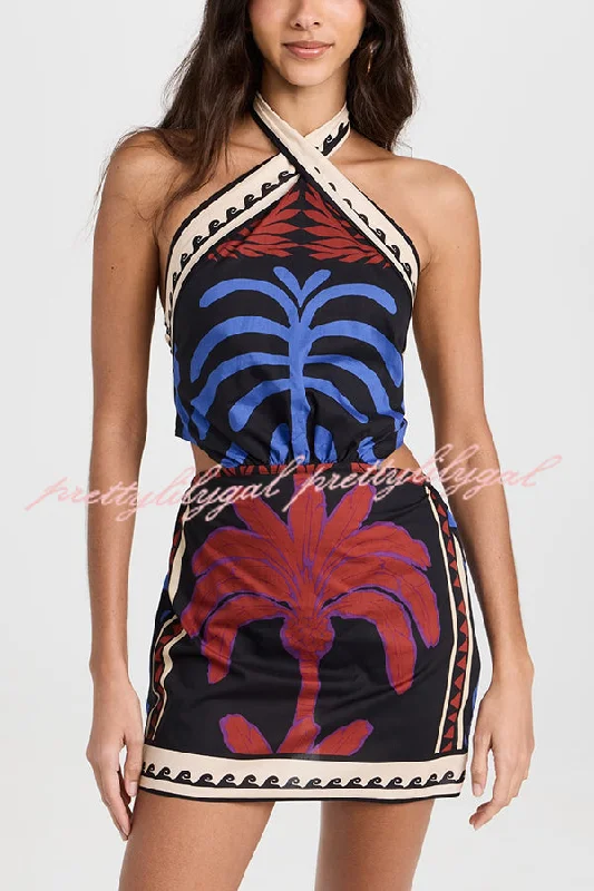 Limited Time Offer Unique Printed Sexy Halterneck Resort Beach Mini Dress