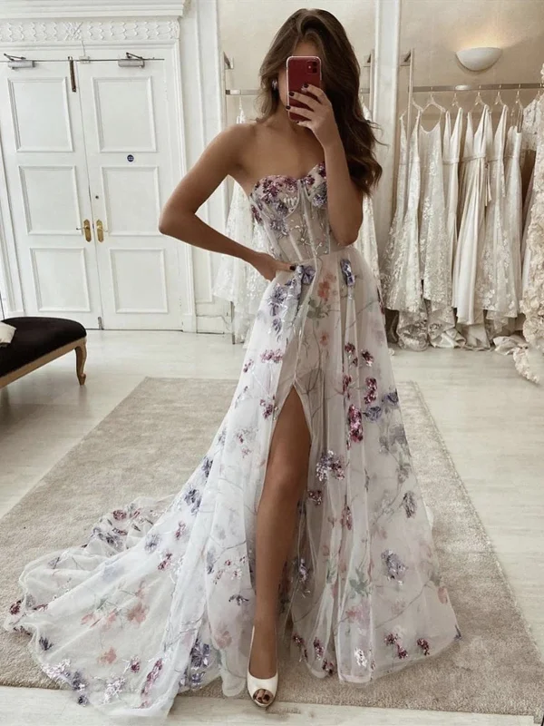 Modern Women’s Apparel Strapless Purple Floral Long Prom Dresses with Slit, Purple Floral Formal Evening Dresses