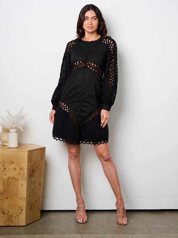 Elegant Styles WOMEN'S LONG SLEEVE EYELET DETAILED MINI DRESS