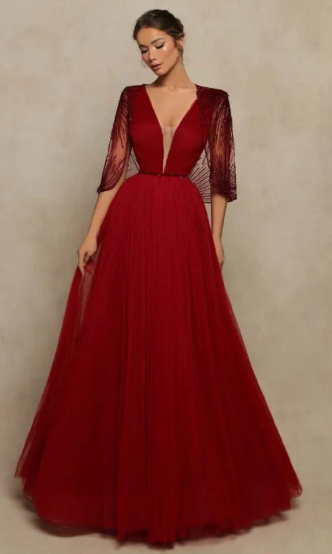 Elegant Women’s Clothing Tarik Ediz - 98053 Cape Sleeve Plunging A-Line Gown