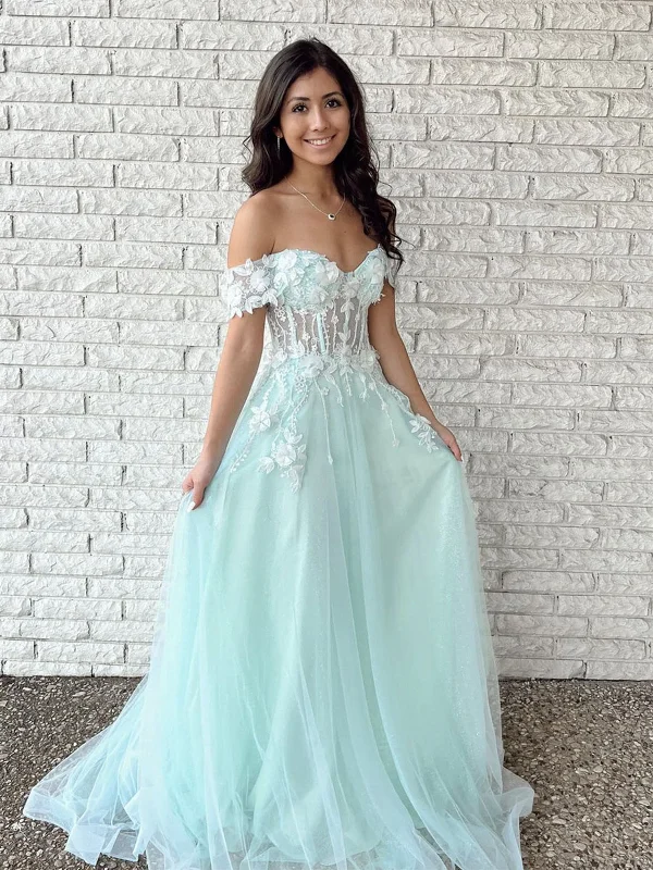 Easygoing Women’s Style Off Shoulder Mint Green Tulle Lace Floral Long Prom Dresses, Mint Green Formal Graduation Evening Dresses with Appliques SP2208