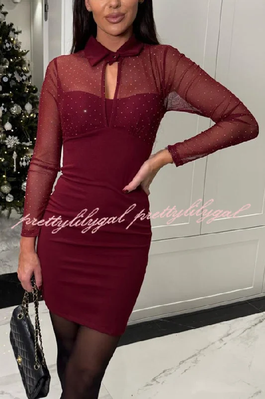 Online Boutique Stores Sexy Energy Mesh Glitter Fabric Cutout Shirt Neck Long Sleeve Stretch Mini Dress