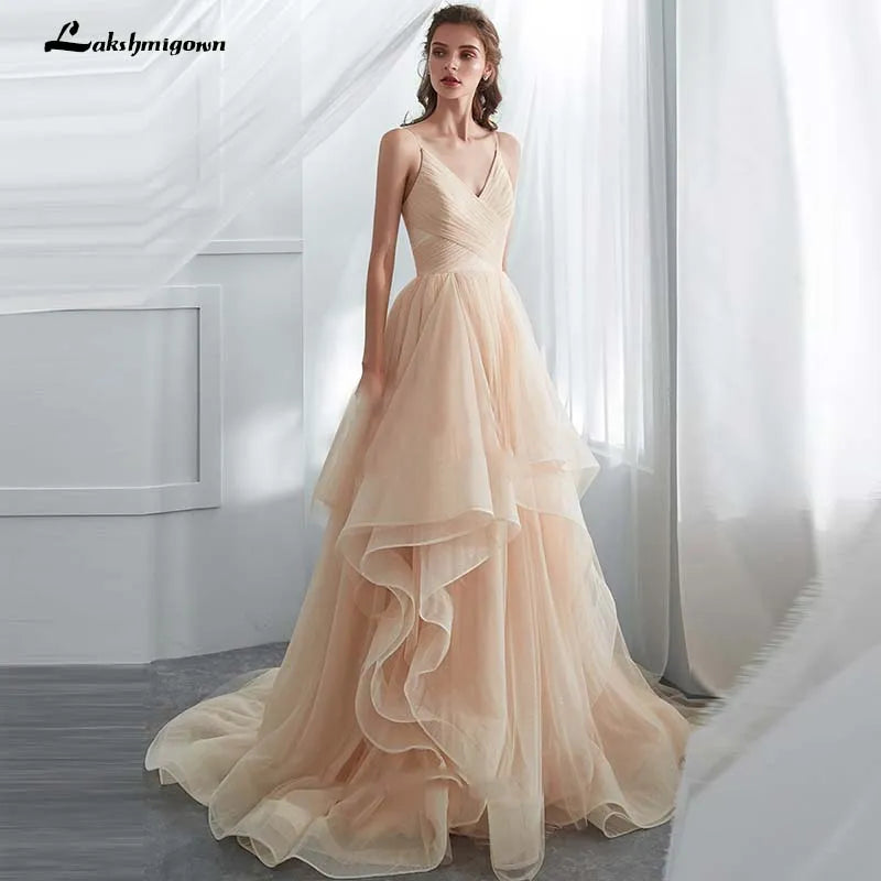 Trend Driven Wardrobe Roycebridal Romantic Spaghetti Straps Champagne Puffy Long Ruffled Soft Tulle Ball Gown Wedding Dress Bridal Dresses Vestido De Noiva