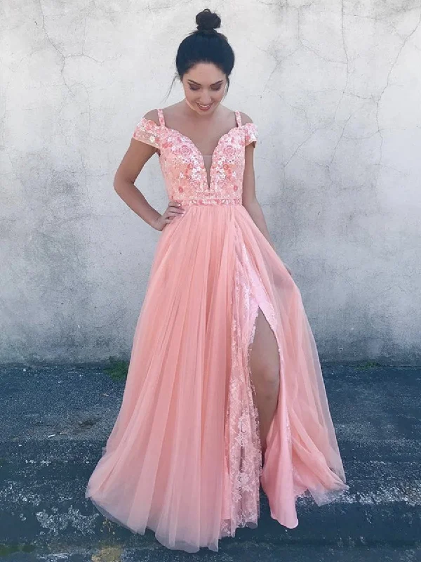 Trendy Women’s Fashion Deep V Neck Off Shoulder Pink Lace Floral Prom Dresses, Off the Shoulder Pink Formal Dresses, Pink Lace Evening Dresses