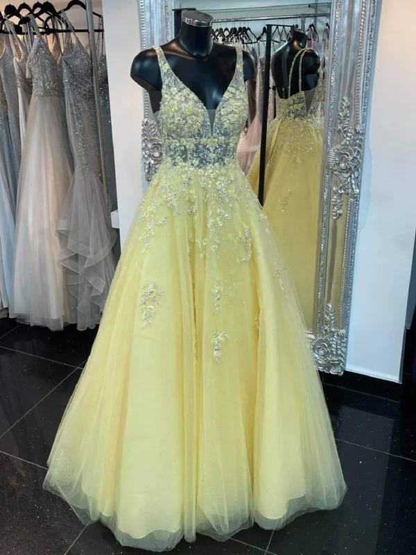 Comfy Women’s Outfits for Daily Wear V Neck Open Back Yellow Lace Floral Long Prom Dresses, Yellow Lace Floral Formal Dresses, 3D Flowers Yellow Evening Dresses SP2151