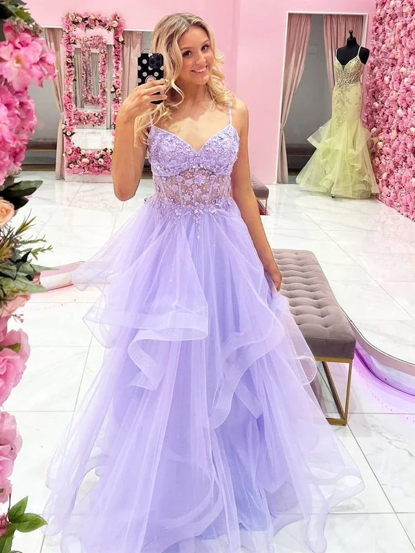 Trendy Women’s Dresses Online Gorgeous V Neck Beaded Purple Lace Floral Long Prom Dresses, Purple Lace Formal Dresses, Lilac Tulle Evening Dresses SP2405