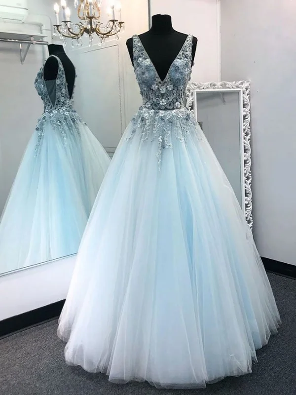 Plus Size Women’s Fashion V Neck Tulle Floral Lace Appliques Long Sky Blue Prom Dresses, V Neck Sky Blue Formal Dresses, Blue Evening Dresses, Ball Gowns