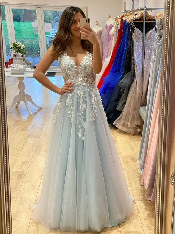 Casual and Comfortable Outfits A Line V Neck Light Blue Lace Floral Long Prom Dresses, 3D Flowers Light Blue Lace Formal Evening Dresses