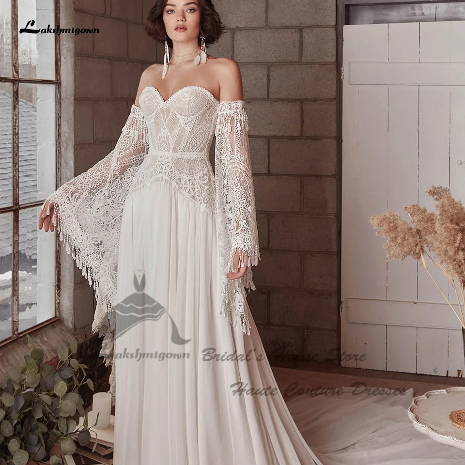 Snag Fabulous Fashion Bargains Roycebridal Vintage Lace Boho Wedding Dress Detachable Long Sleeve 2025 Robe Longue Chic Bridal Gowns Off the Shoulder