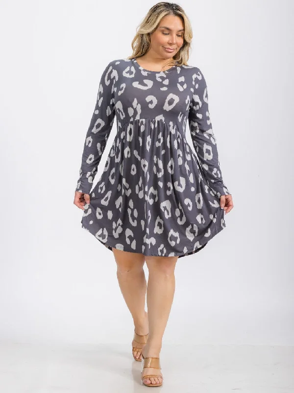 Chic Trends Unveiled PLUS SIZE LONG SLEEVE ELASTIC WAIST FRONT POCKETS ANIMAL PRINT MINI DRESS