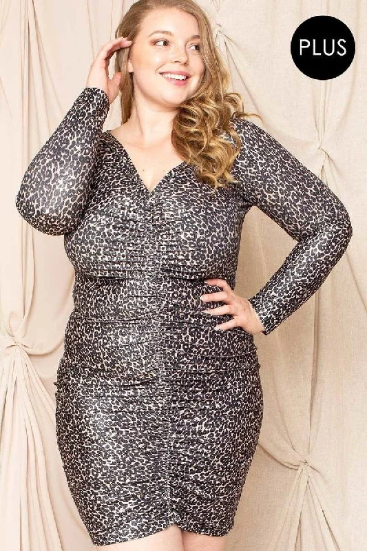 Huge Discounts This Week Leopard Print Shirring Plus Size Mini Dress