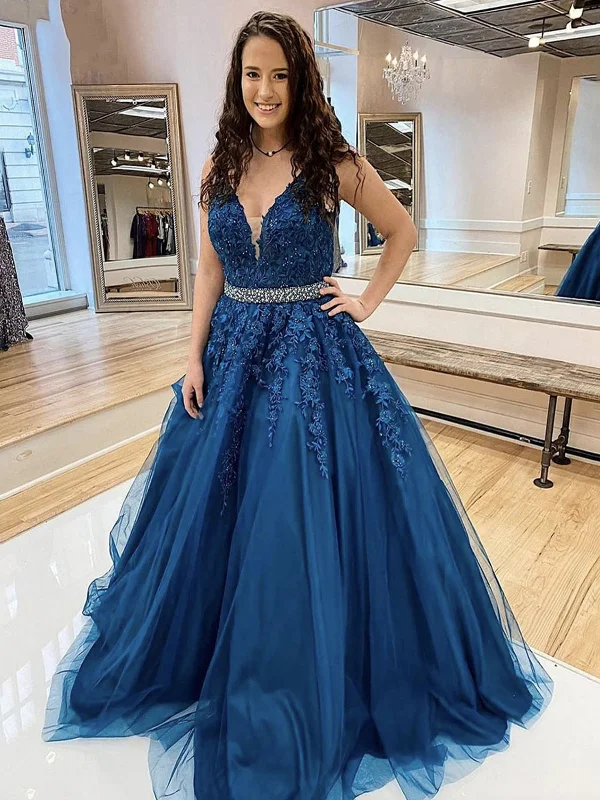 Modern Women’s Wardrobe Essentials V Neck Beaded Blue Lace Floral Long Prom Dresses, Blue Lace Formal Evening Dresses with Appliques SP2212