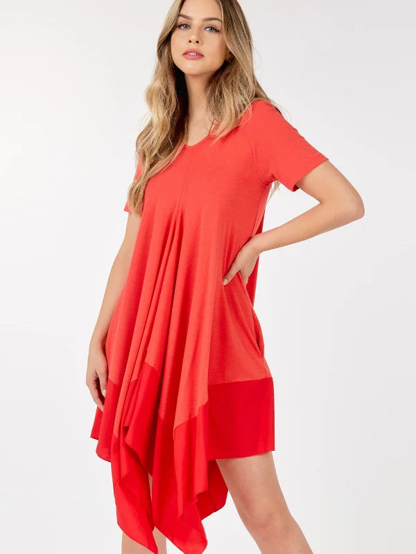 Weekend Exclusive WOMEN'S SHORT SLEEVE V-NECK TUNIC FRONT POCKETS HIGH LOW MINI DRESS