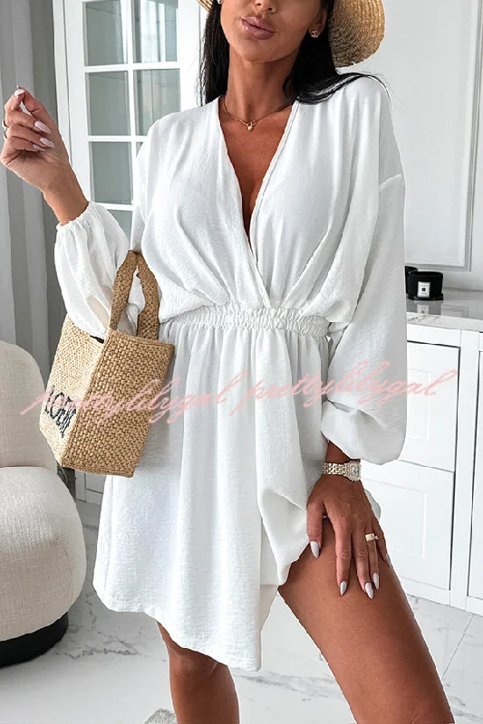 All Season Fashion Collection Solid Color Long Sleeve V-neck Elastic Waist Mini Dress