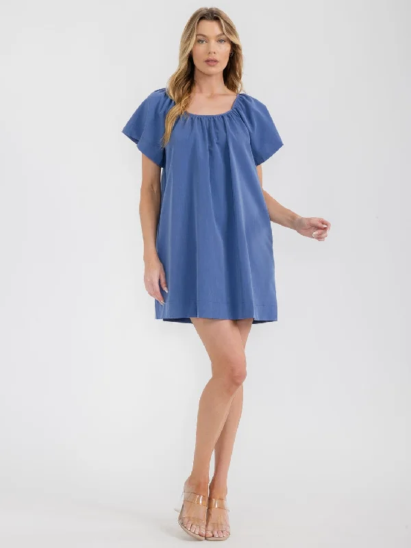 Trendy Urban Attire WOMEN'S SHORT SLEEVE BACK TIE FRONT POCKETS TUNIC MINI DRESS