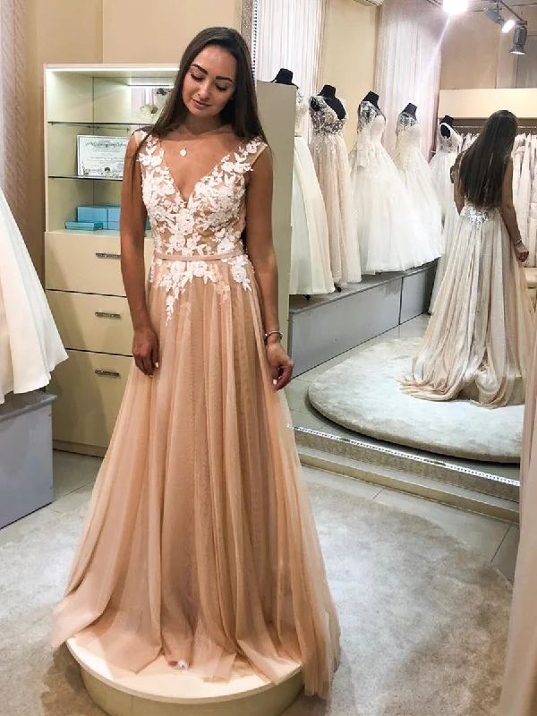 Women’s Seasonal Fashion Trends Elegant V Neck Champagne Lace Floral Prom Dresses, Long Champagne Lace Formal Graduation Evening Dresses