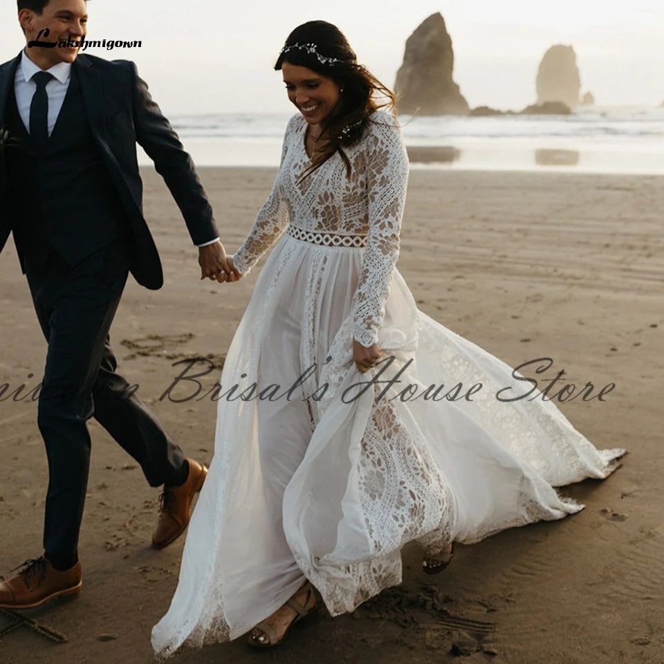 Trend Setting Threads Roycebridal Hippie Lace Long Sleeve Dress Bridal Robe Sexy A Line Boho Wedding Dresses 2021 Plus Size Women Beach Wedding Gowns