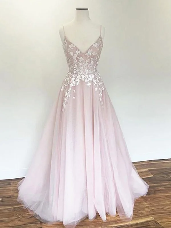 Women’s Activewear for Exercise and Sports A Line V Neck Pink Lace Long Prom Dresses, Pink Long Lace Floral Formal Evening Dresses