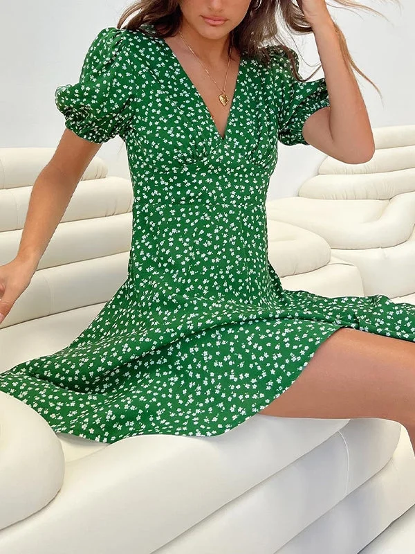 Travel Essentials Puff Sleeve Green Floral Mini Dress