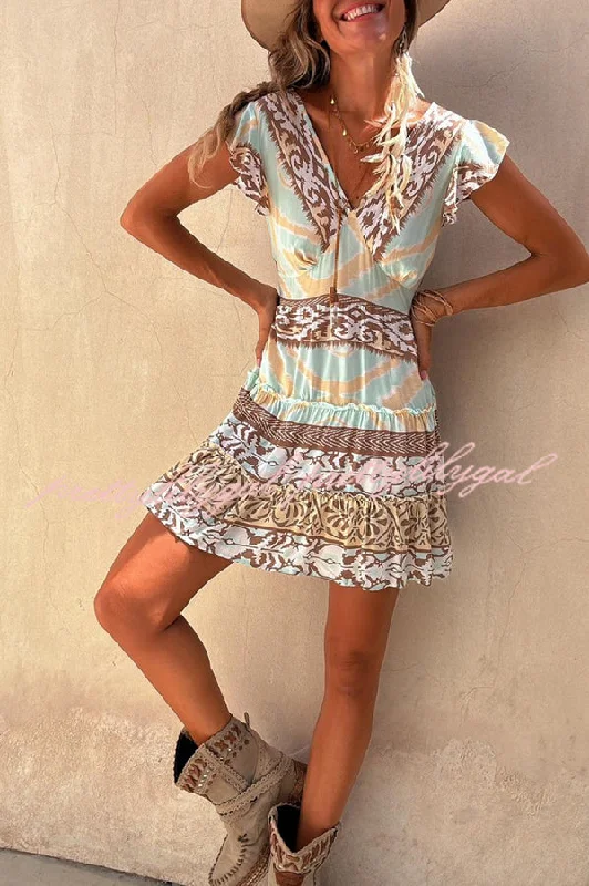 Trendy Threads Surat Unique Color Block Print Ruffle Sleeve Elastic Waist Backless Mini Dress