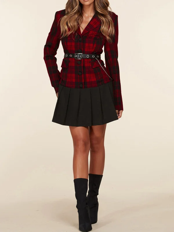 Elegant Style WOMEN'S LONG SLEEVE BUTTON UP PLAID BELTED MINI DRESS