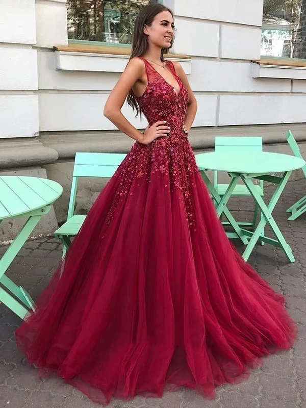 Limited Time Offers V Neck Burgundy Floral Long Prom Dresses, 3D Flower Burgundy Long Formal Evening Dresses