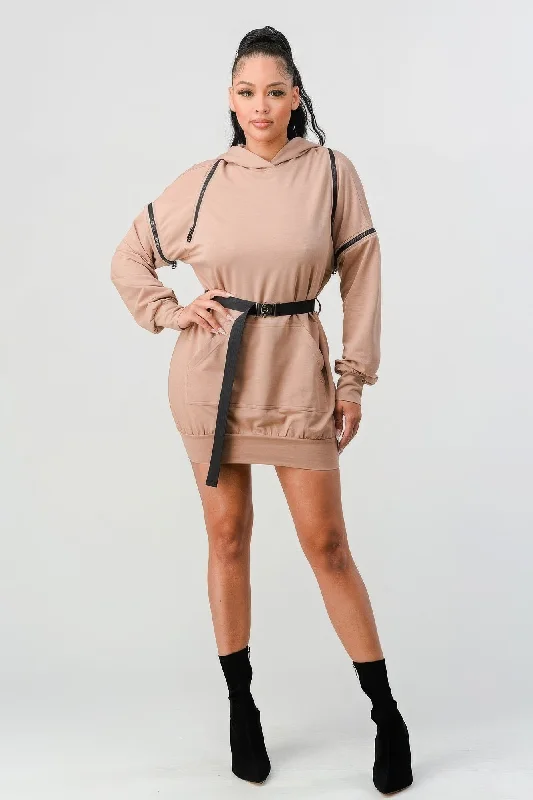 Athleisure Wear Special Offer Double Zipper Long Sleeve Hooded Mini Dress