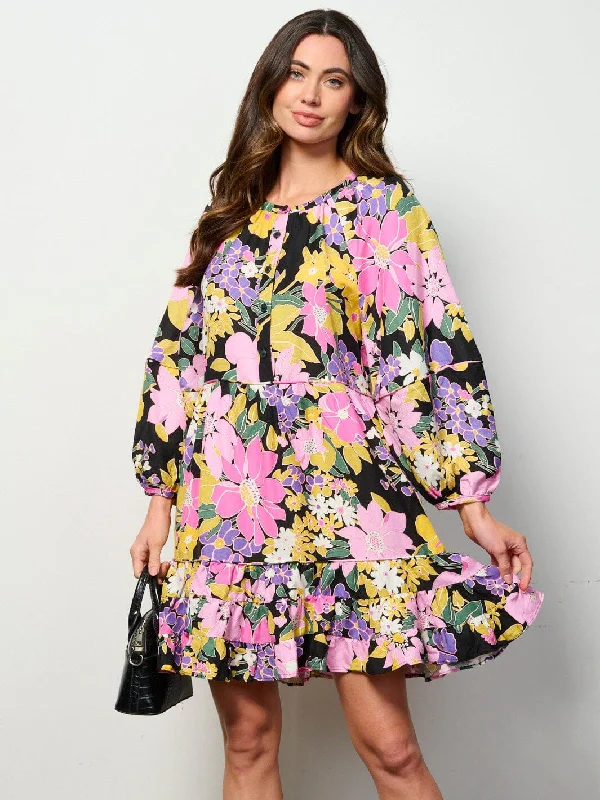 Classic Women's Fashion WOMEN'S LONG SLEEVE TUNIC FLOWER MINI DRESS