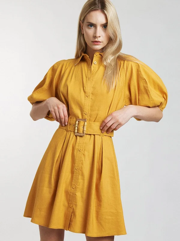 Trend Alert WOMEN'S SHORT PUFF SLEEVE BUTTON UP FRONT BELT MINI DRESS