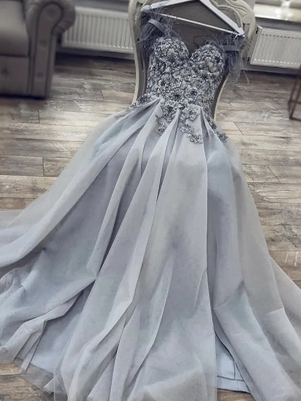 Casual Dresses for Women Grey Tulle Sweetheart Neck Lace Floral Long Prom Dresses, Grey Lace Floral Formal Dresses, Grey Evening Dresses