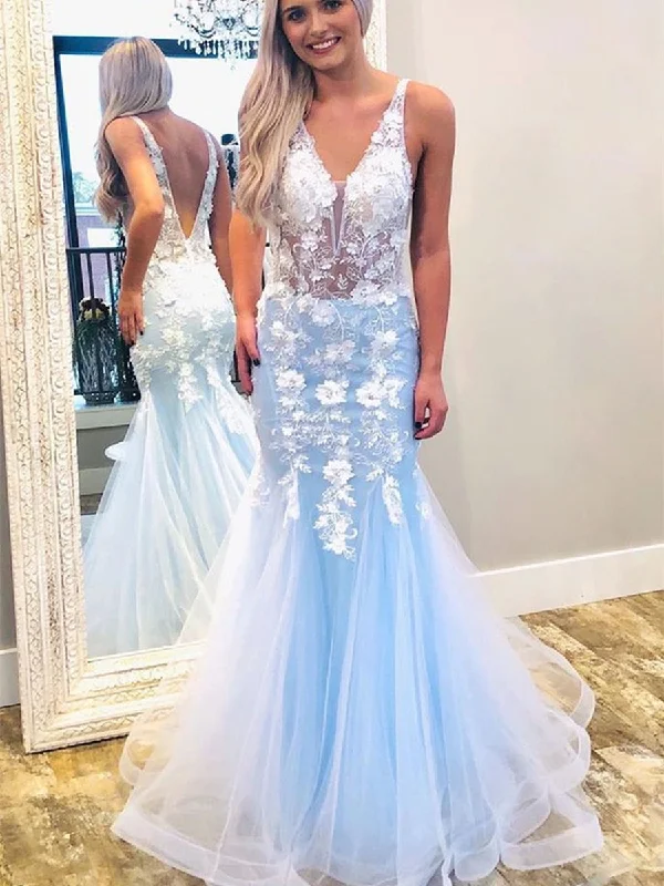 Casual Dresses for Women Mermaid V Neck Lace Appliques Floral Long Blue Prom Dresses, Mermaid Lace Blue Formal Dresses, Floral Blue Eveing Dresses