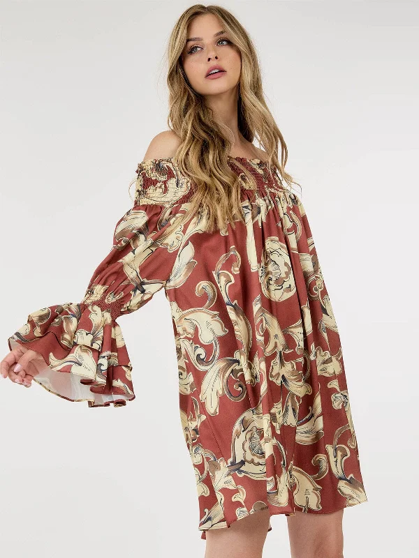 Trend Setting Wardrobe WOMEN'S LONG SLEEVE OFF SHOULDER TUNIC MULTI PRINT MINI DRESS