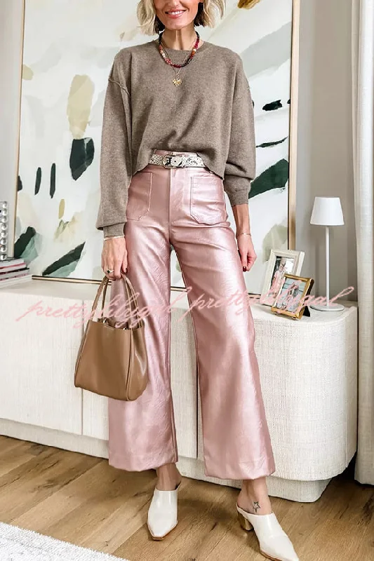 Women Clothing Colette Metallic Faux Leather Pocket Cropped Wide Leg Stretch Pants