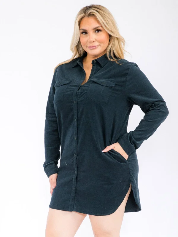 Trendsetting Threads PLUS SIZE LONG SLEEVE BUTTON UP FRONT POCKETS MINI DRESS