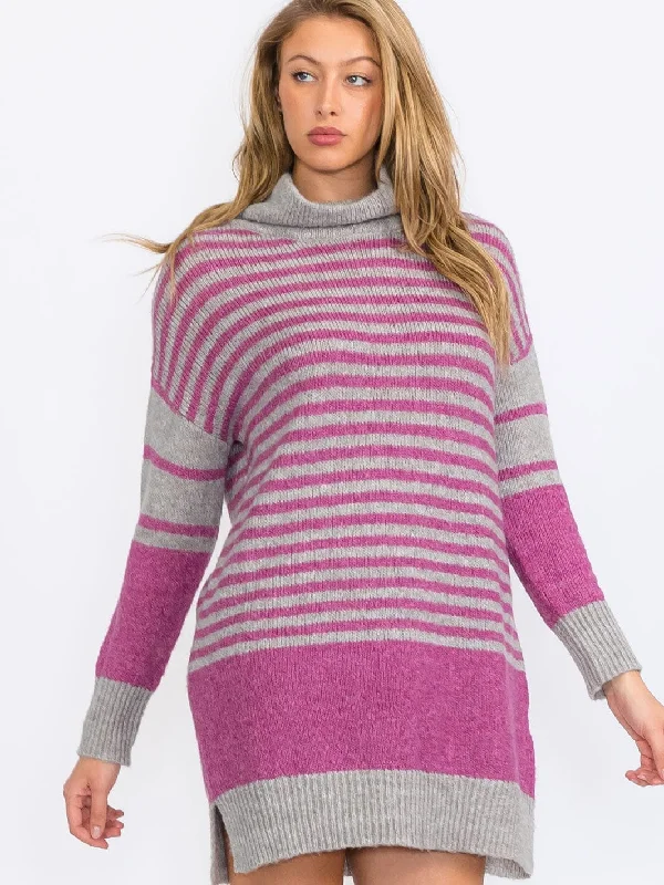 Seasonal Trends WOMEN'S LONG SLEEVE TURTLE NECK STRIPES COLORBLOCK SWEATER MINI DRESS